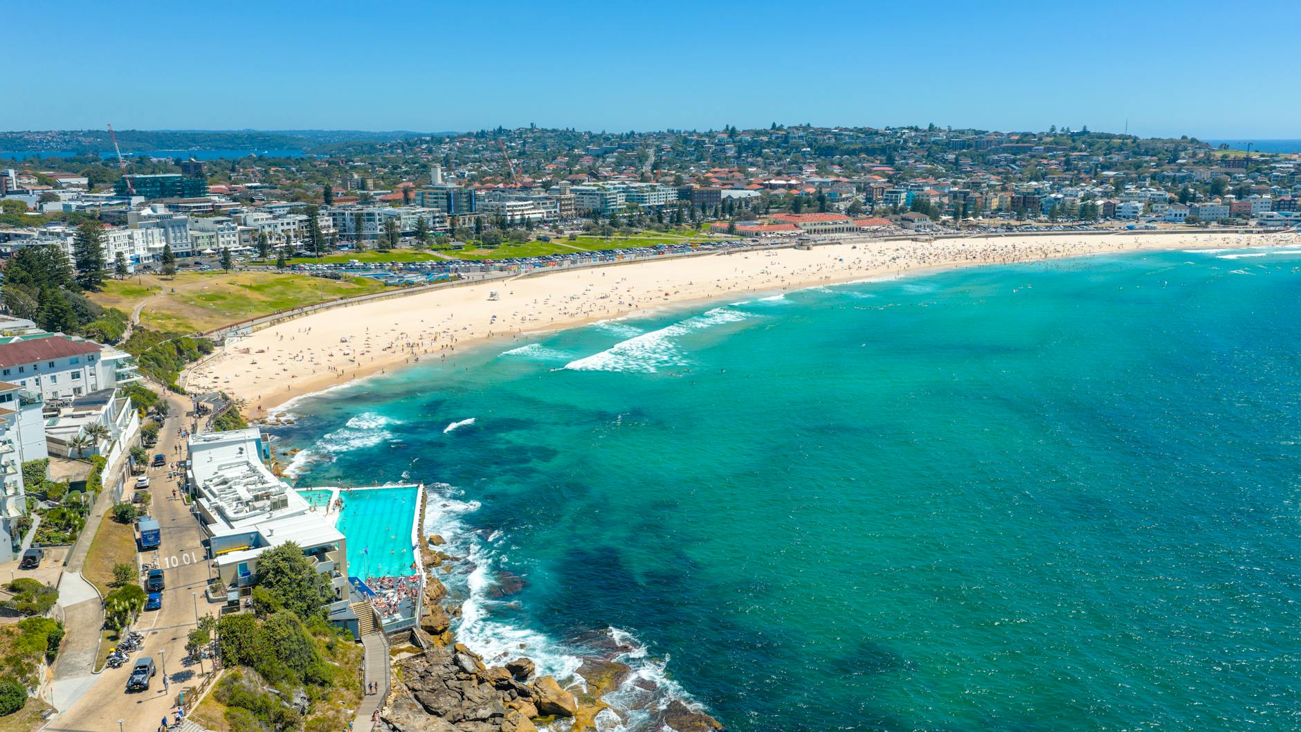Aerial view of Bondi Beach in Sydney, capturing the vibrant coastline